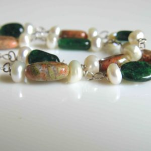 Unakite and Pearl Sterling Silver Bracelet