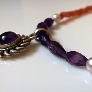 Amethyst and Carnelian Beads Necklace with Amethyst Pendant